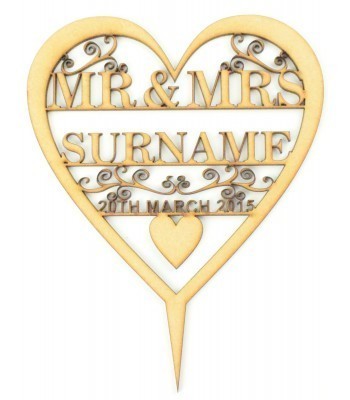 Laser Cut Personalised Mr&Mrs Heart Cake Topper with swirl detail - Surname & Date